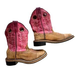 Shyanne Pink and Brown Lainie Girls Square Toe Leather Roper Cowgirl Boots 11D